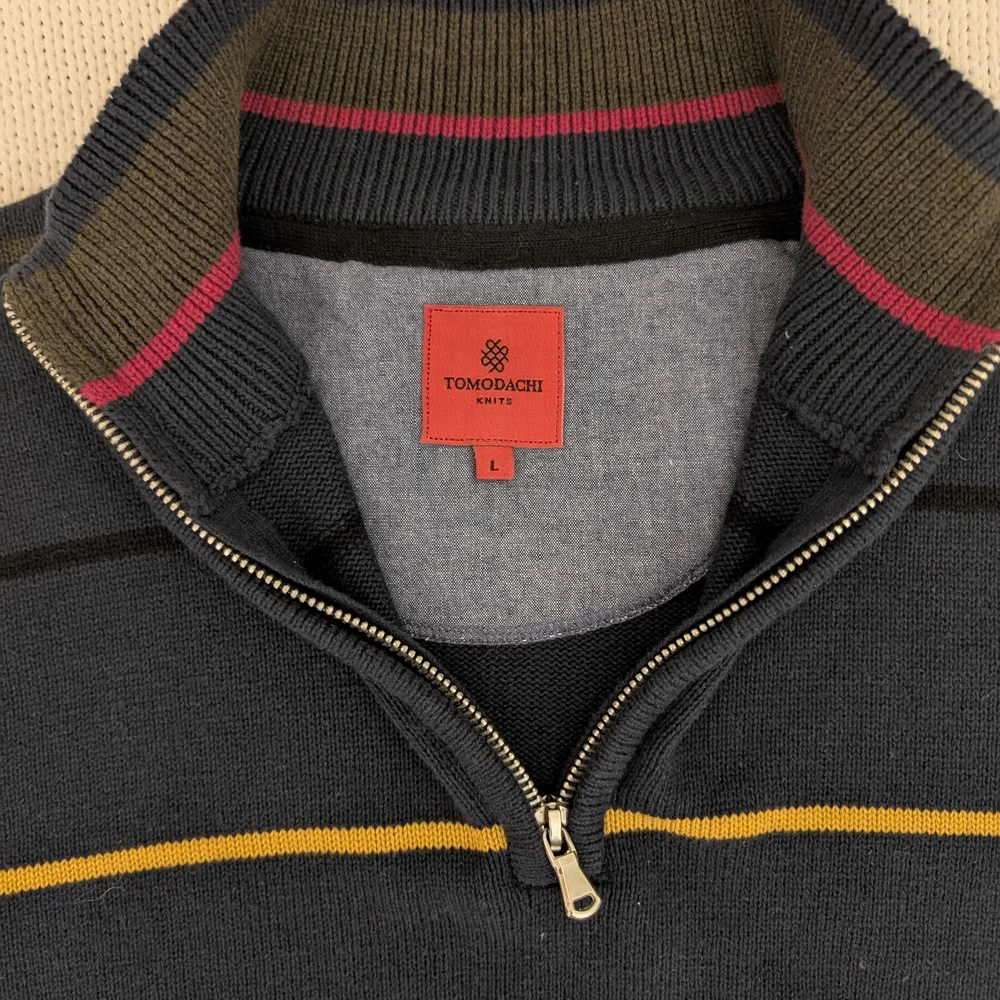 Tomodachi Men's Knit Sweater Navy Blue Striped 1/4 Zip Cotton Size Large Preppy - Picture 7 of 8